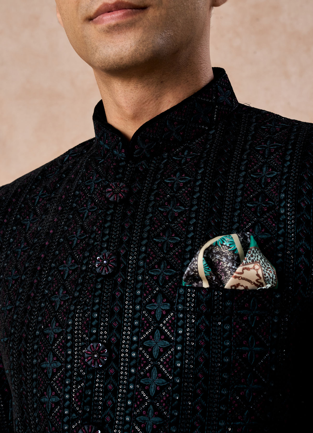 Manyavar Men Teal Velvet Sensation Jodhpuri Suit