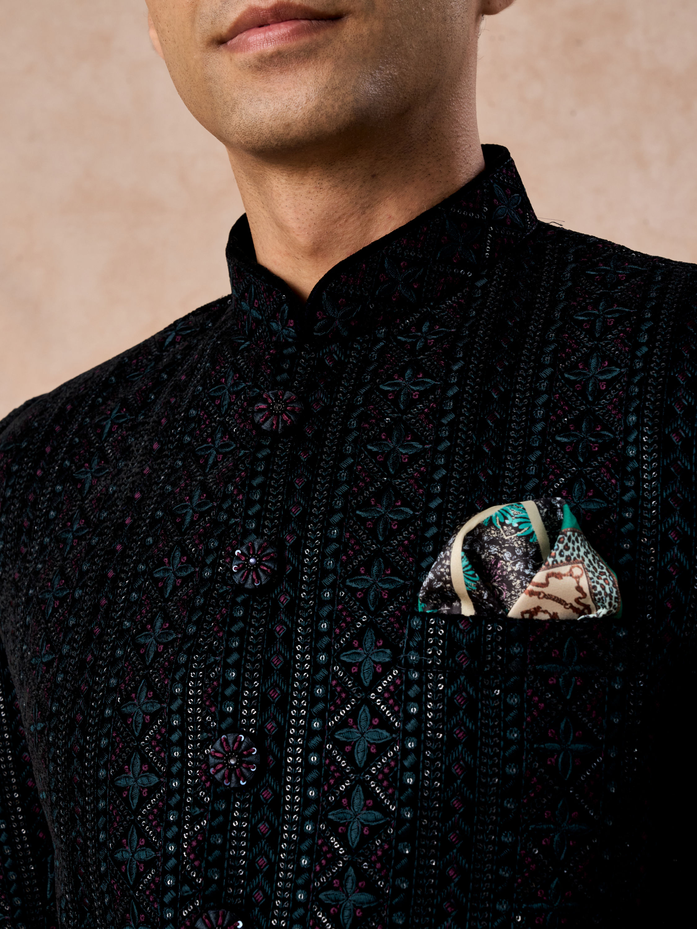 Manyavar Men Teal Velvet Sensation Jodhpuri Suit