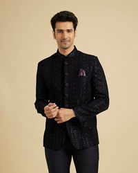 Manyavar Men Grandeur Velvet Blue Suit Set