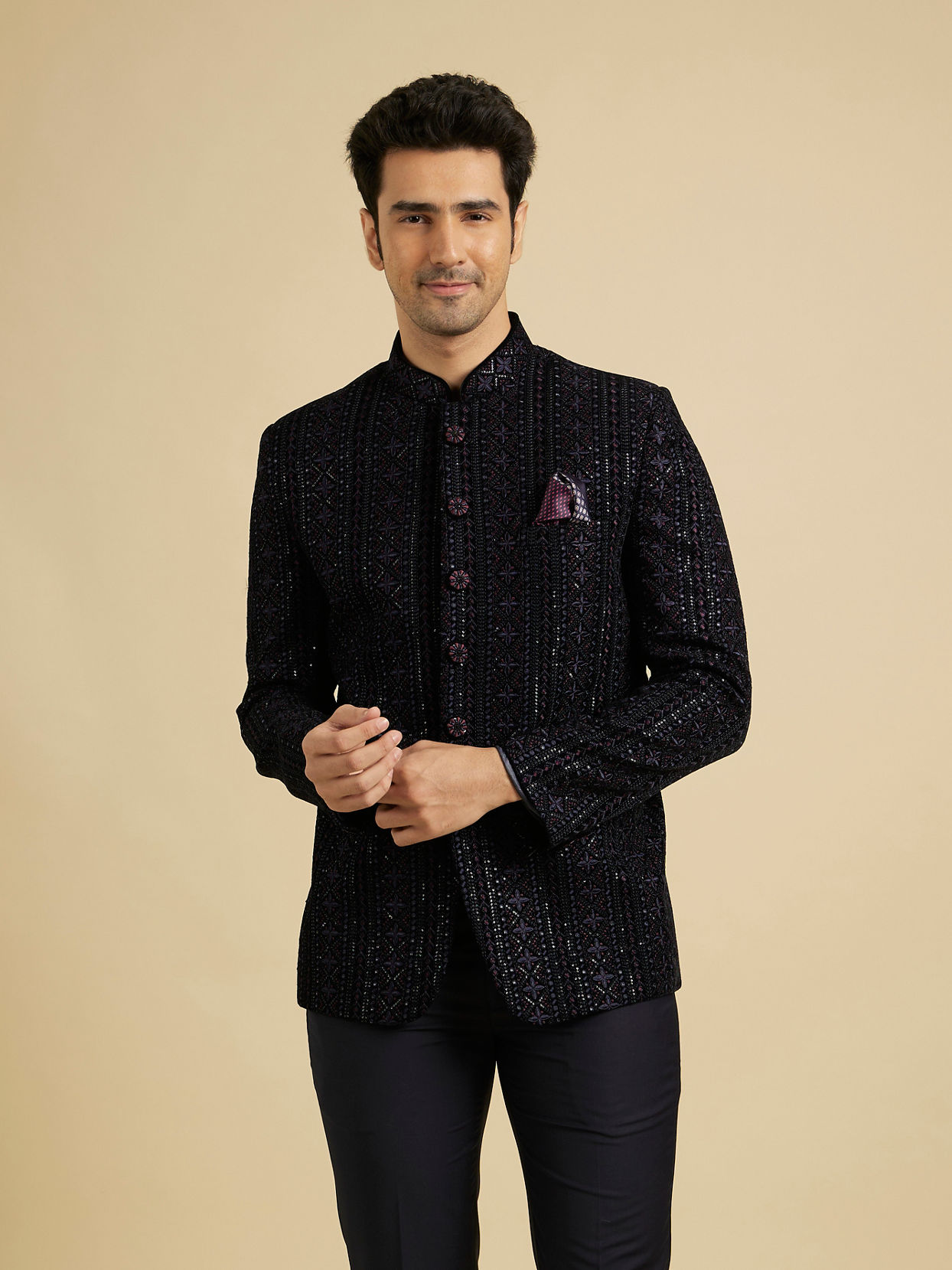 Manyavar Men Grandeur Velvet Blue Suit Set