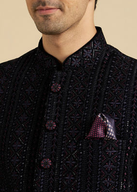 Manyavar Men Grandeur Velvet Blue Suit Set