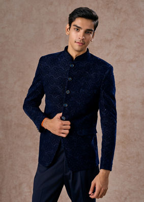 Manyavar Men Velvet Royal Blue Jodhpuri Suit