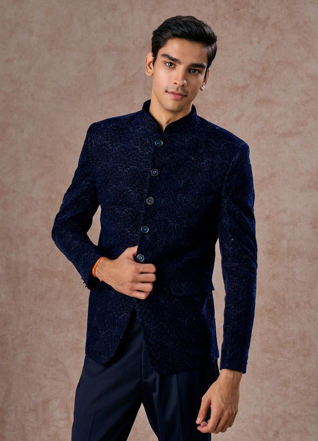 Manyavar Men Velvet Royal Blue Jodhpuri Suit