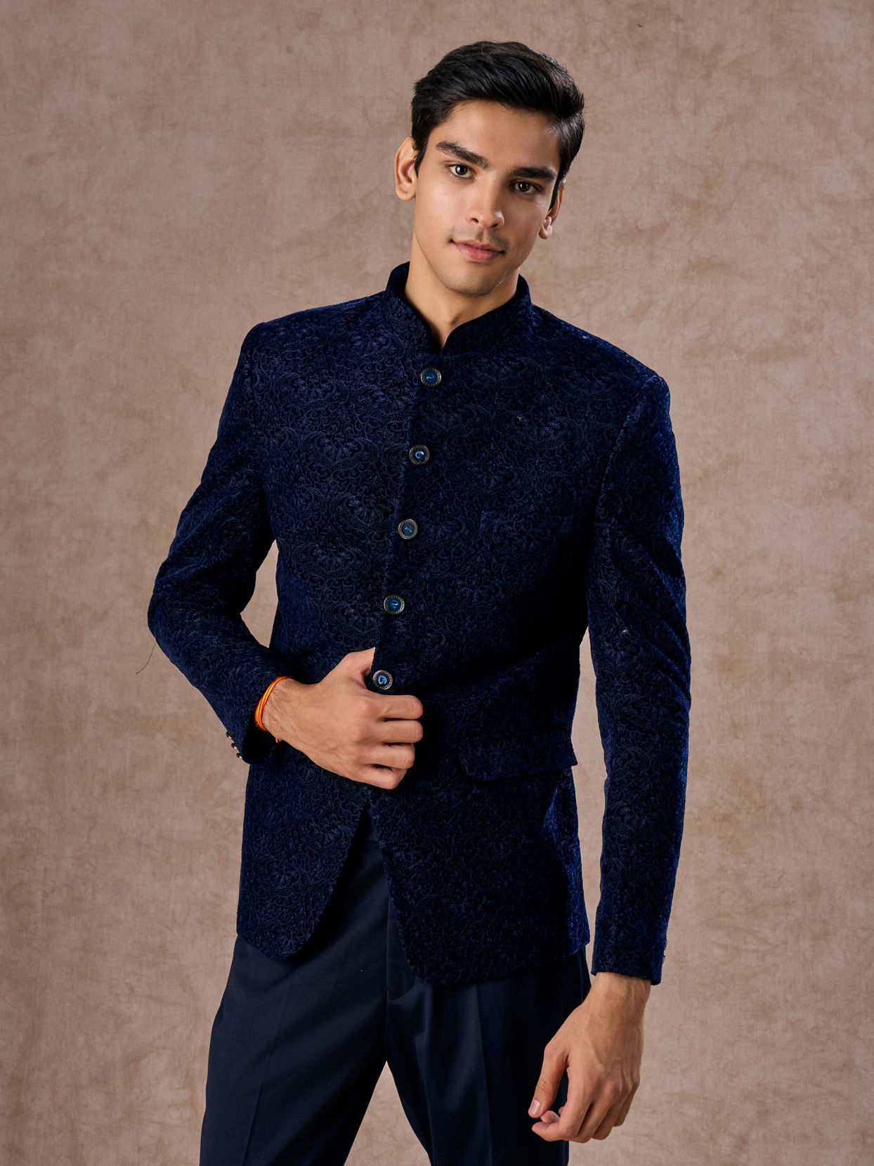 Manyavar Men Velvet Royal Blue Jodhpuri Suit
