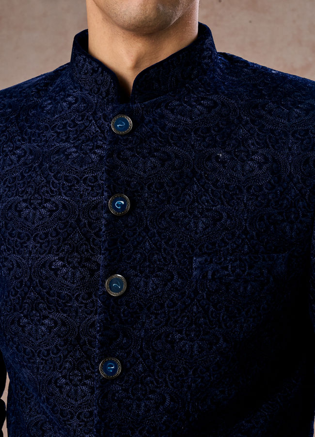 Manyavar Men Velvet Royal Blue Jodhpuri Suit