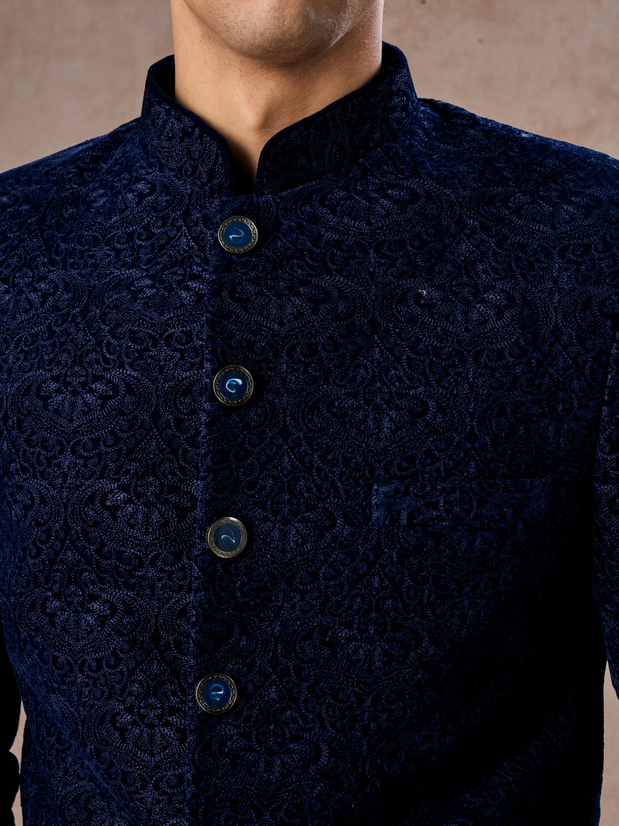 Manyavar Men Velvet Royal Blue Jodhpuri Suit