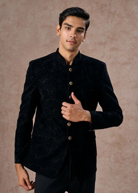 Manyavar Men Black Velvet Jodhpuri Suit