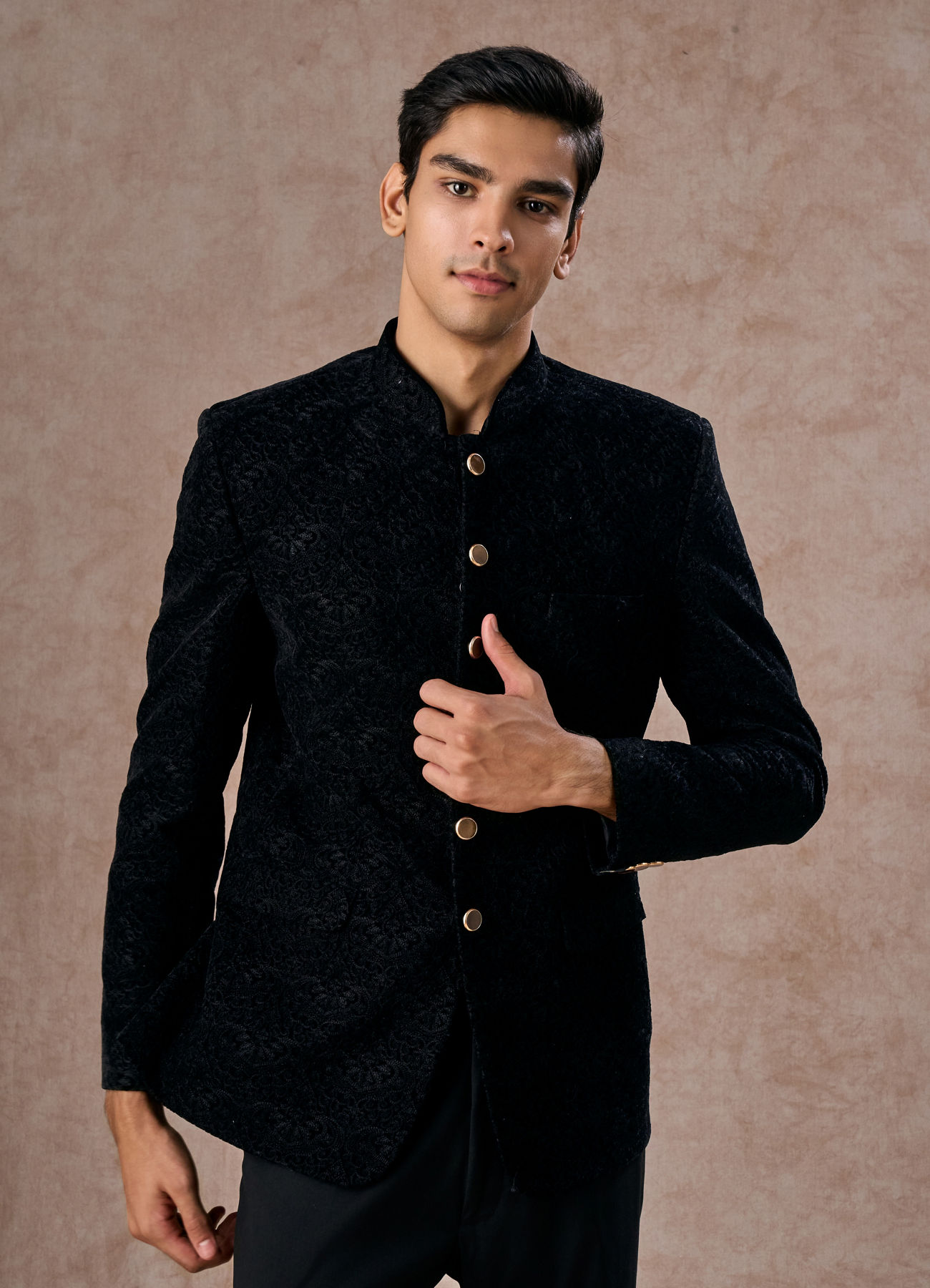 Manyavar Men Black Velvet Jodhpuri Suit