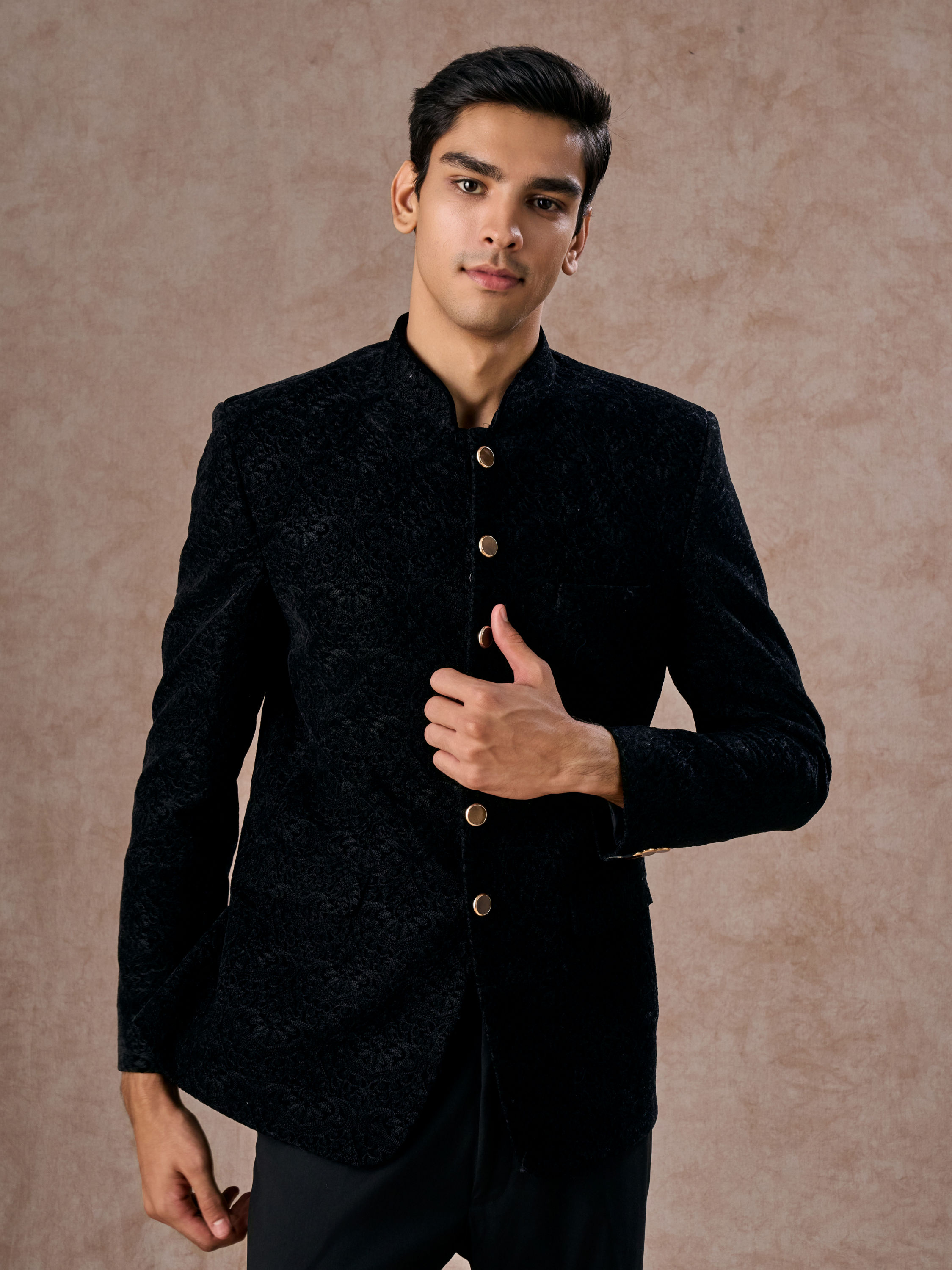 Manyavar Men Black Velvet Jodhpuri Suit