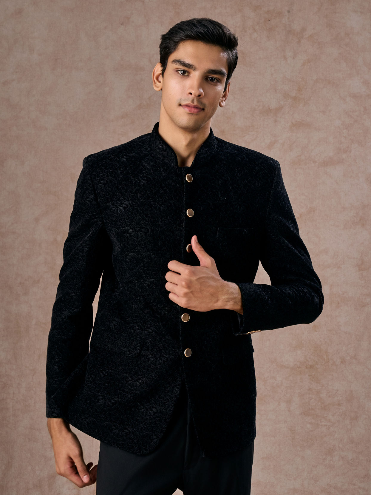 Manyavar Men Black Velvet Jodhpuri Suit
