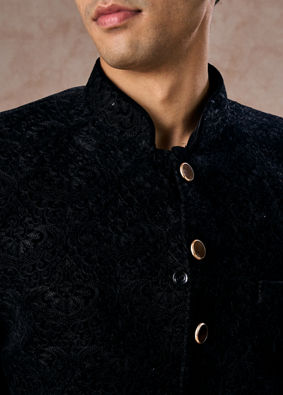 Manyavar Men Black Velvet Jodhpuri Suit