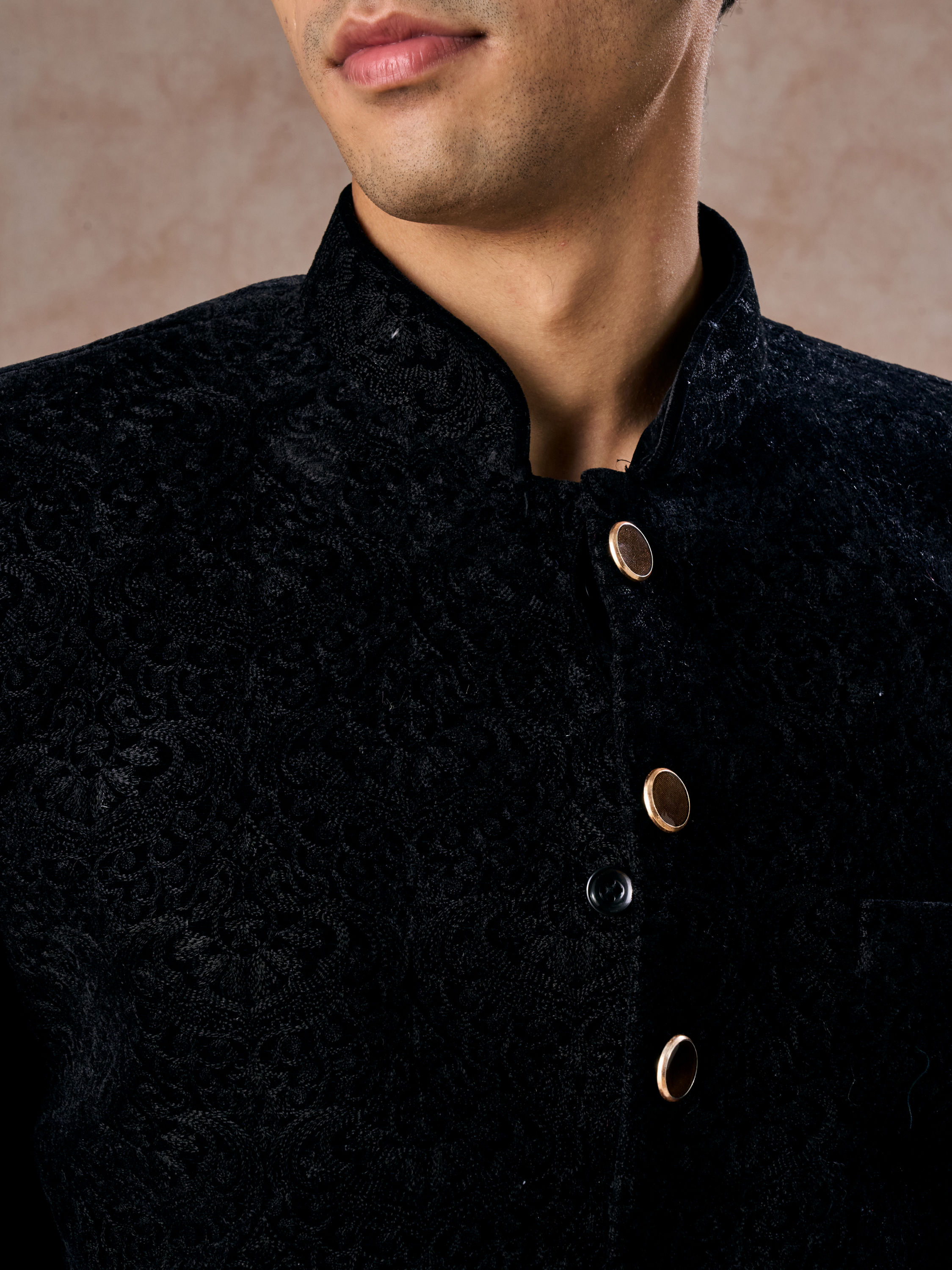 Manyavar Men Black Velvet Jodhpuri Suit