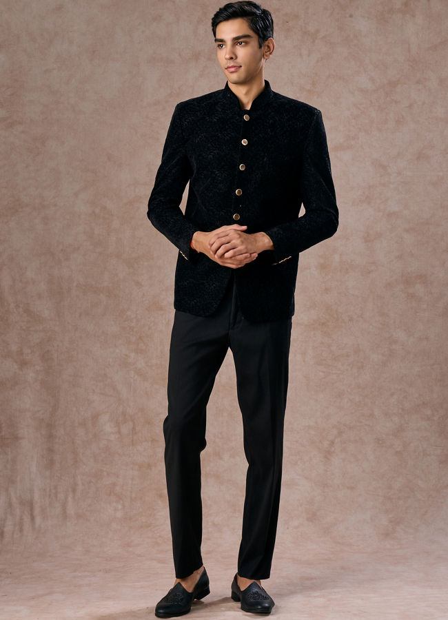 Manyavar Men Black Velvet Jodhpuri Suit