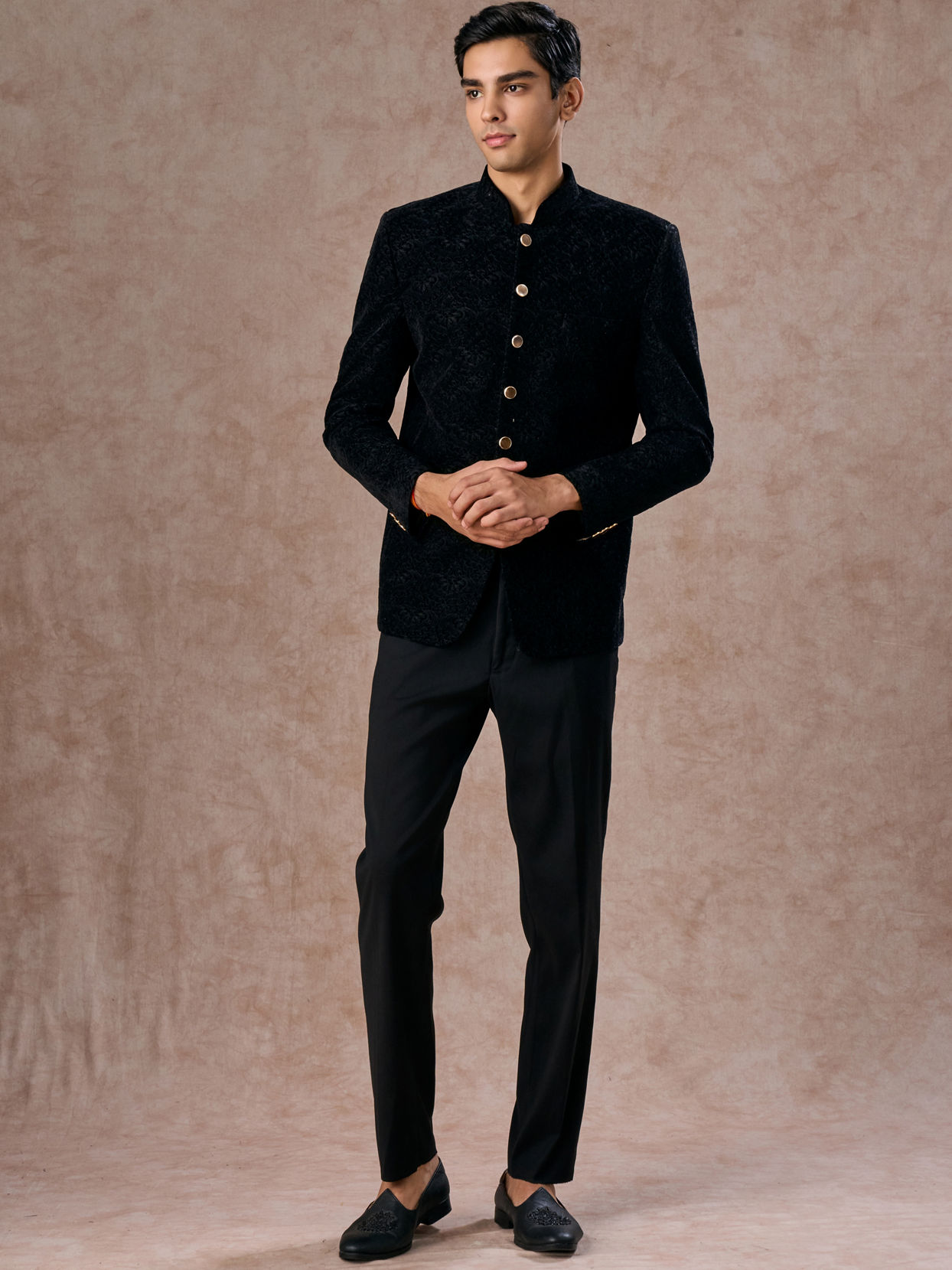 Manyavar Men Black Velvet Jodhpuri Suit