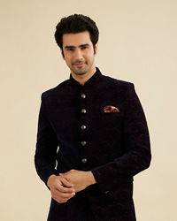 Manyavar Men Indigo Blue And Wine Bel Buti Patterned Jodhpuri Set