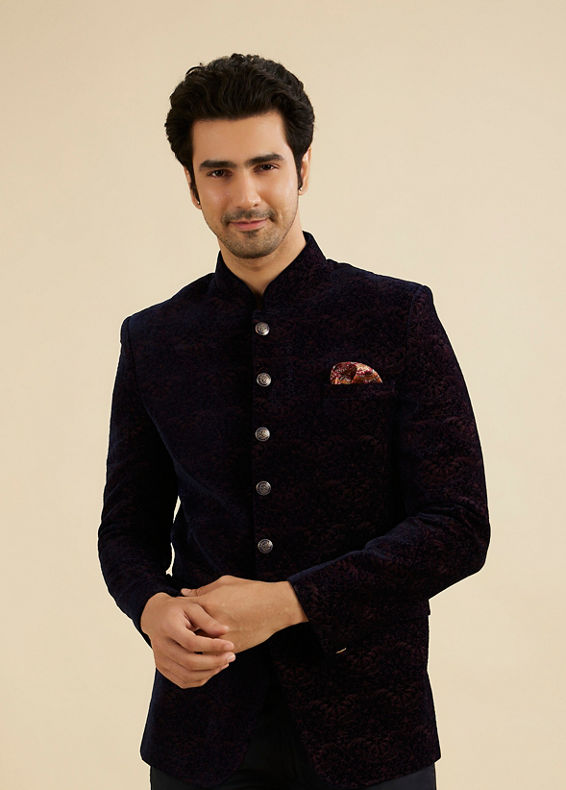 Manyavar Men Indigo Blue And Wine Bel Buti Patterned Jodhpuri Set