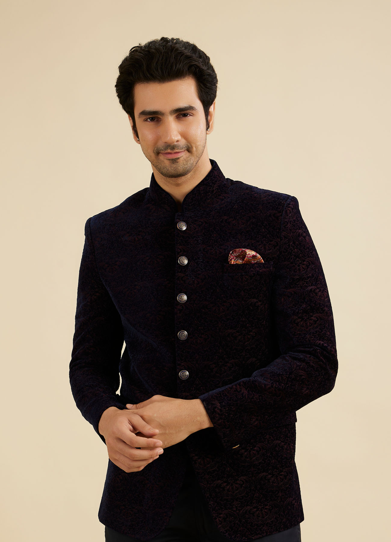 Manyavar Men Indigo Blue And Wine Bel Buti Patterned Jodhpuri Set