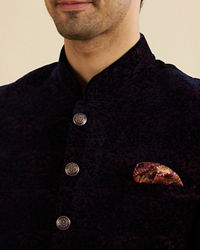 Manyavar Men Indigo Blue And Wine Bel Buti Patterned Jodhpuri Set