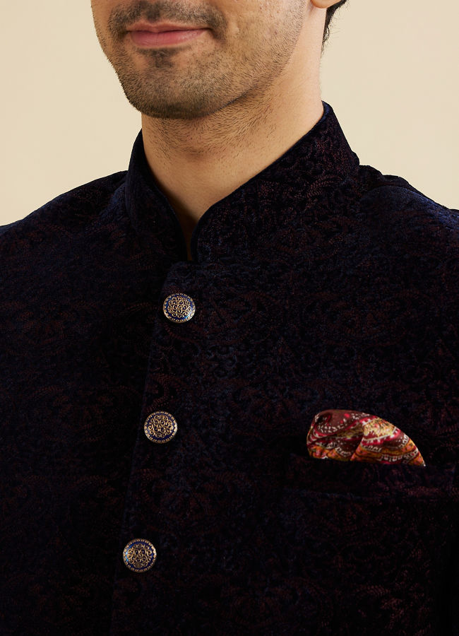 Manyavar Men Indigo Blue And Wine Bel Buti Patterned Jodhpuri Set