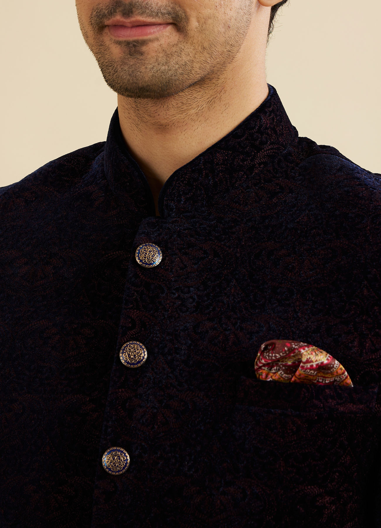 Manyavar Men Indigo Blue And Wine Bel Buti Patterned Jodhpuri Set