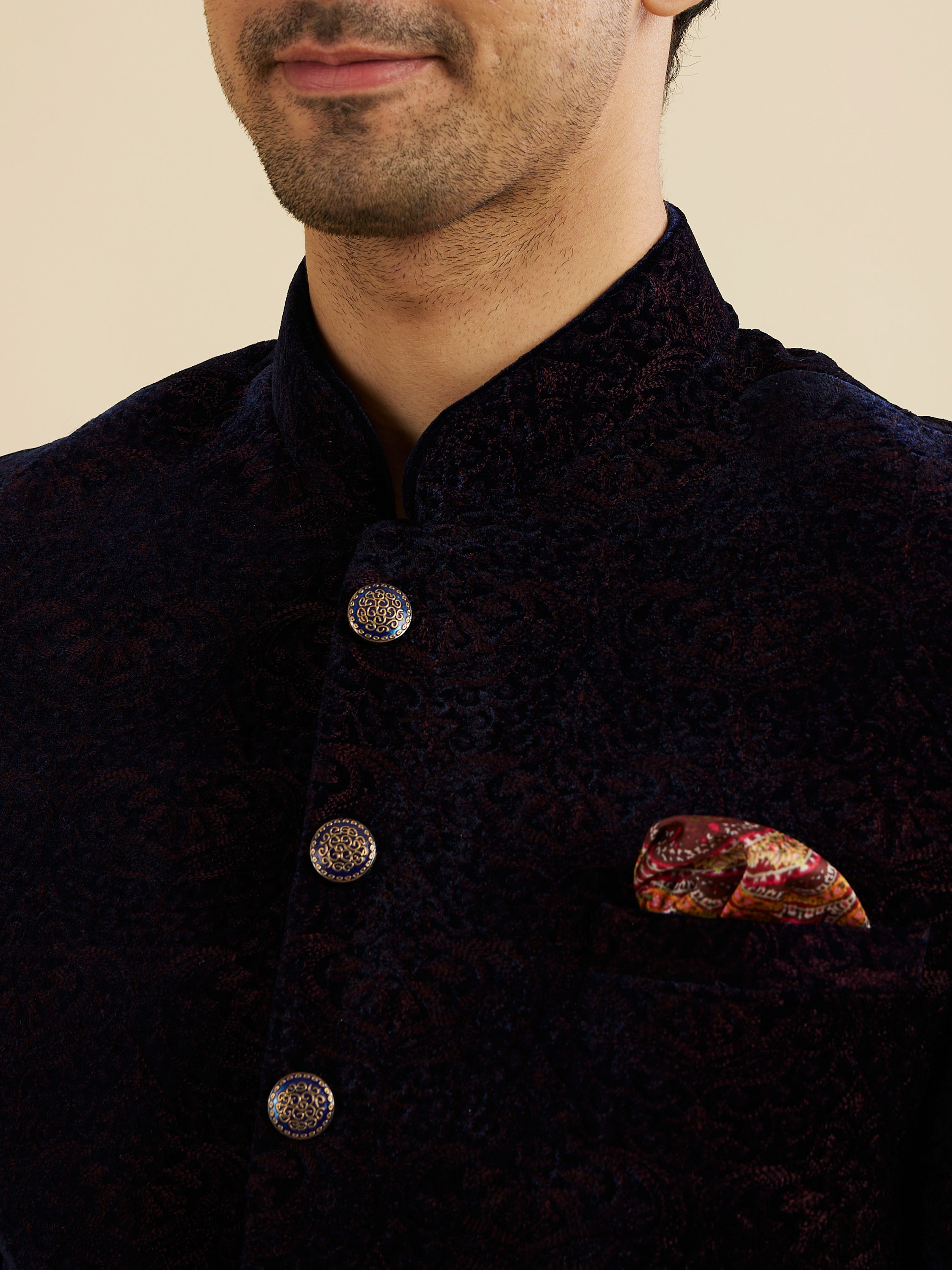Manyavar Men Indigo Blue And Wine Bel Buti Patterned Jodhpuri Set
