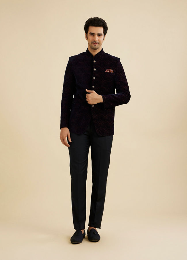 Manyavar Men Indigo Blue And Wine Bel Buti Patterned Jodhpuri Set