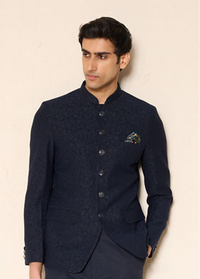 Manyavar Men Blue Majesty Rayon Suit Set