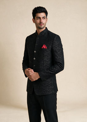Manyavar Men Black Blended Rayon Jodhpuri Suit with Embroidery