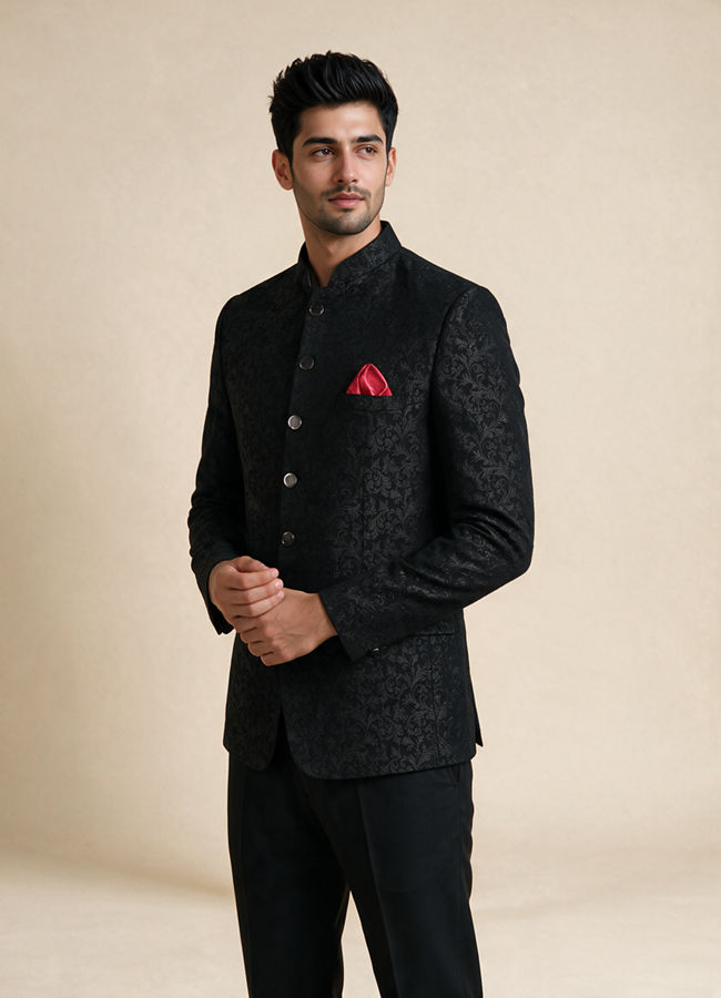 Manyavar Men Black Blended Rayon Jodhpuri Suit with Embroidery