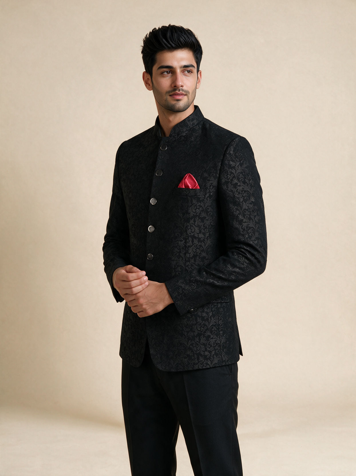 Manyavar Men Black Blended Rayon Jodhpuri Suit with Embroidery
