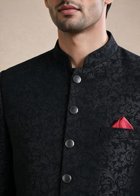 Manyavar Men Black Blended Rayon Jodhpuri Suit with Embroidery
