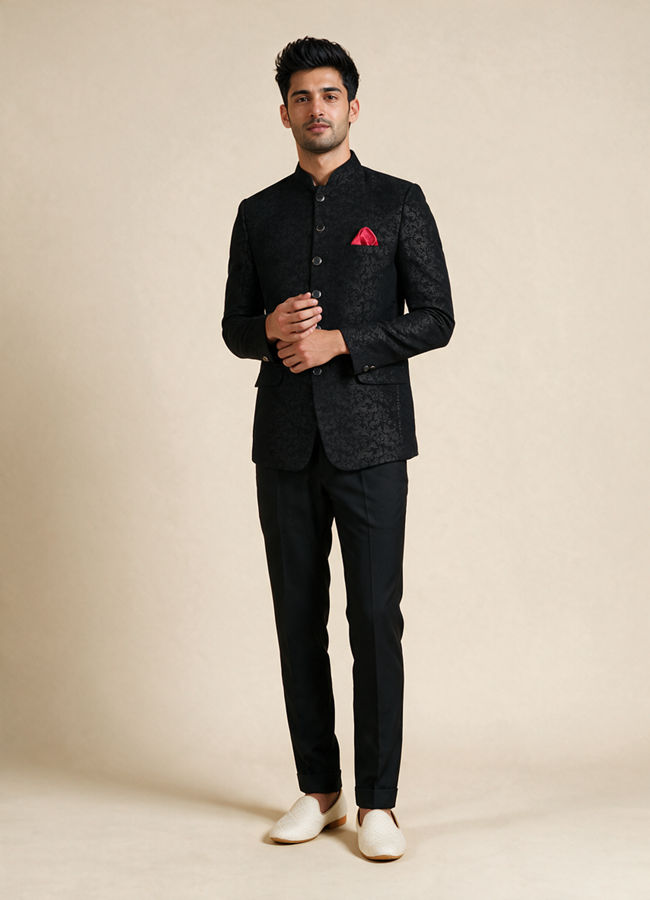 Manyavar Men Black Blended Rayon Jodhpuri Suit with Embroidery