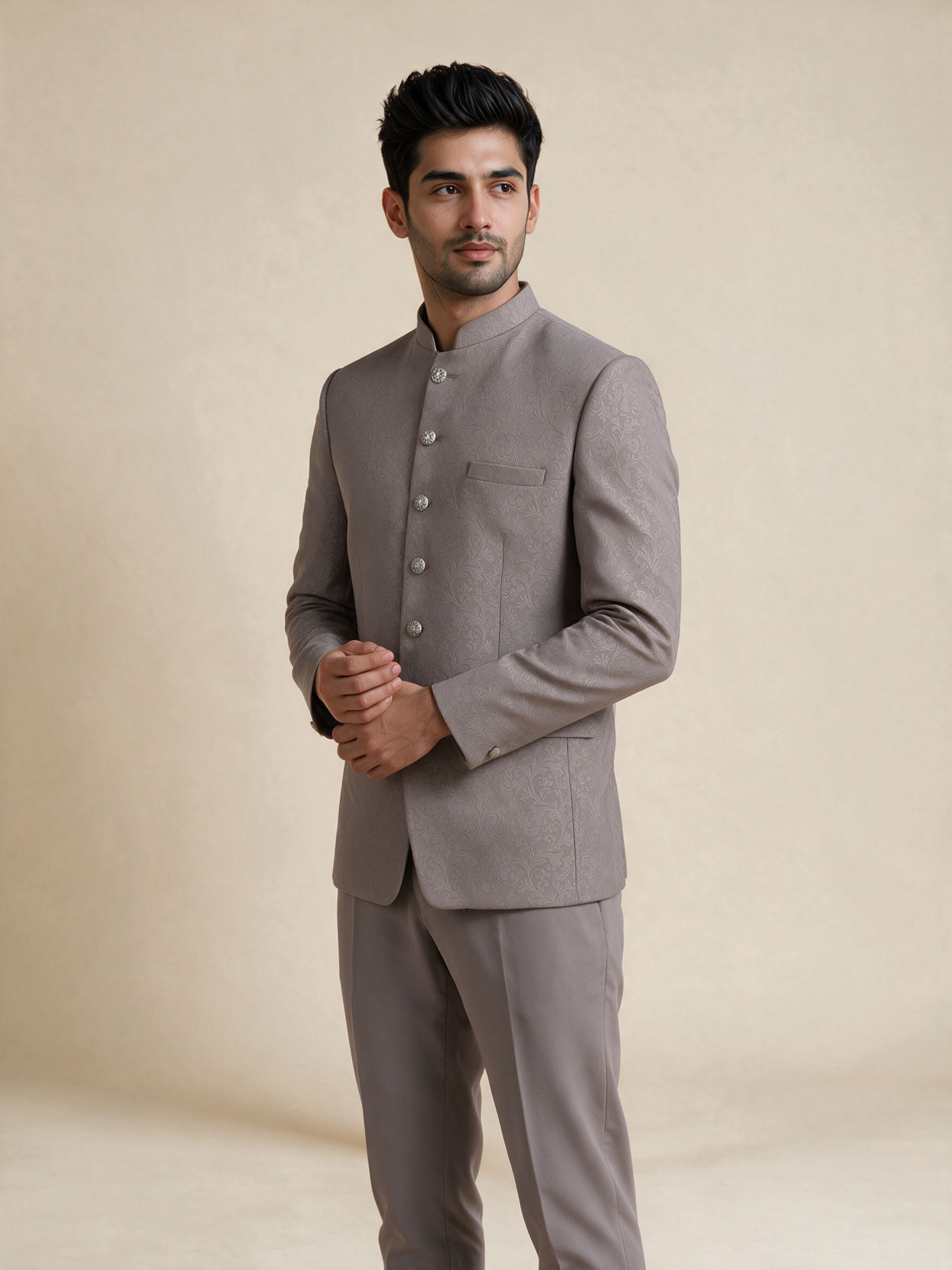 Manyavar Men Beige Blended Rayon Jodhpuri Suit
