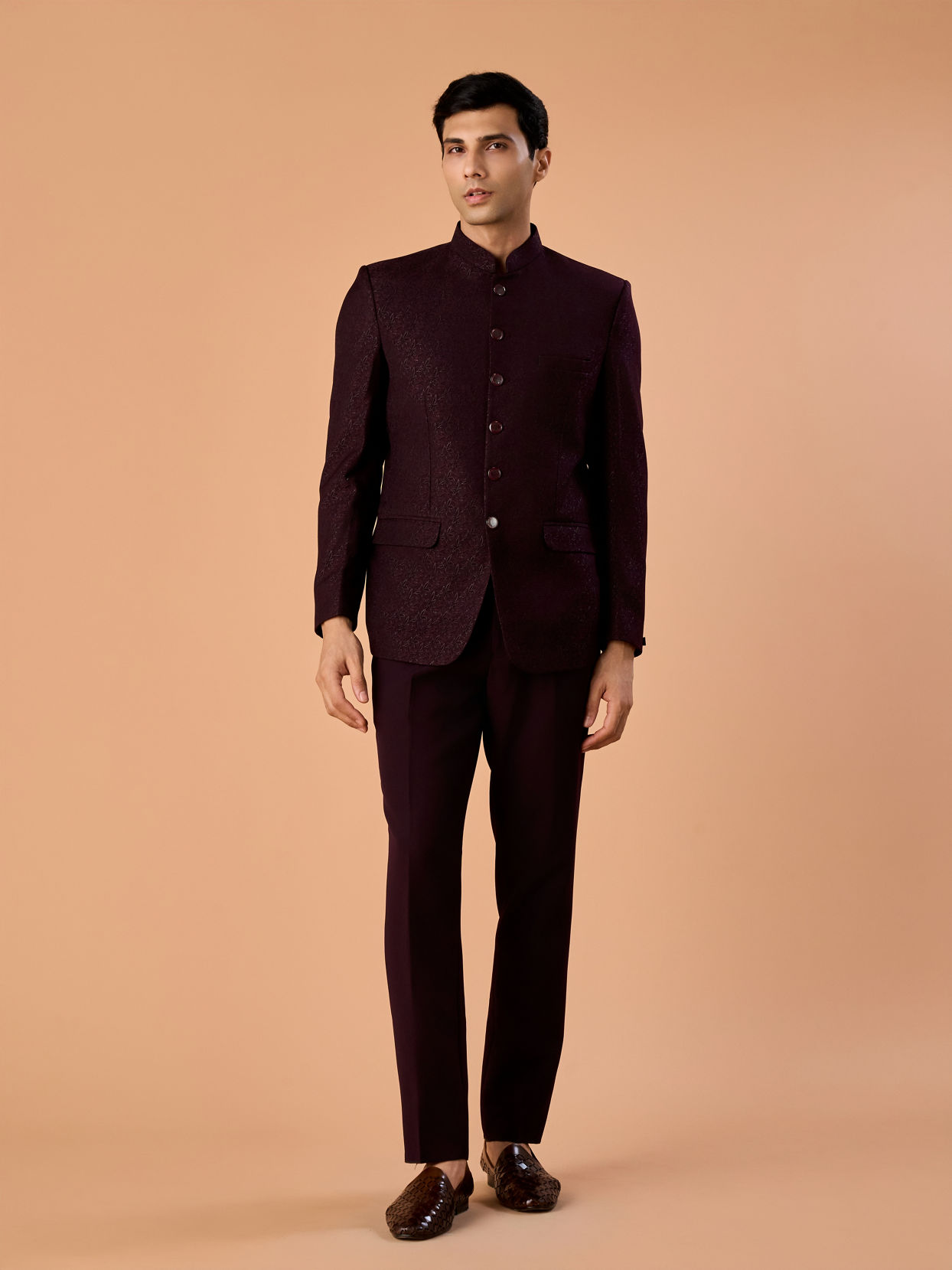 Manyavar Men Elegant Wine Jodhpuri Suit