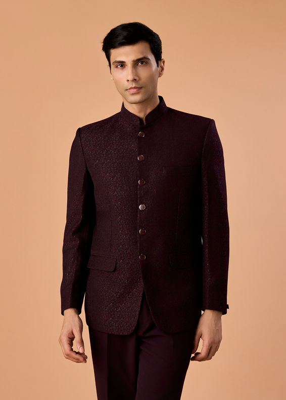 Manyavar Men Elegant Wine Jodhpuri Suit