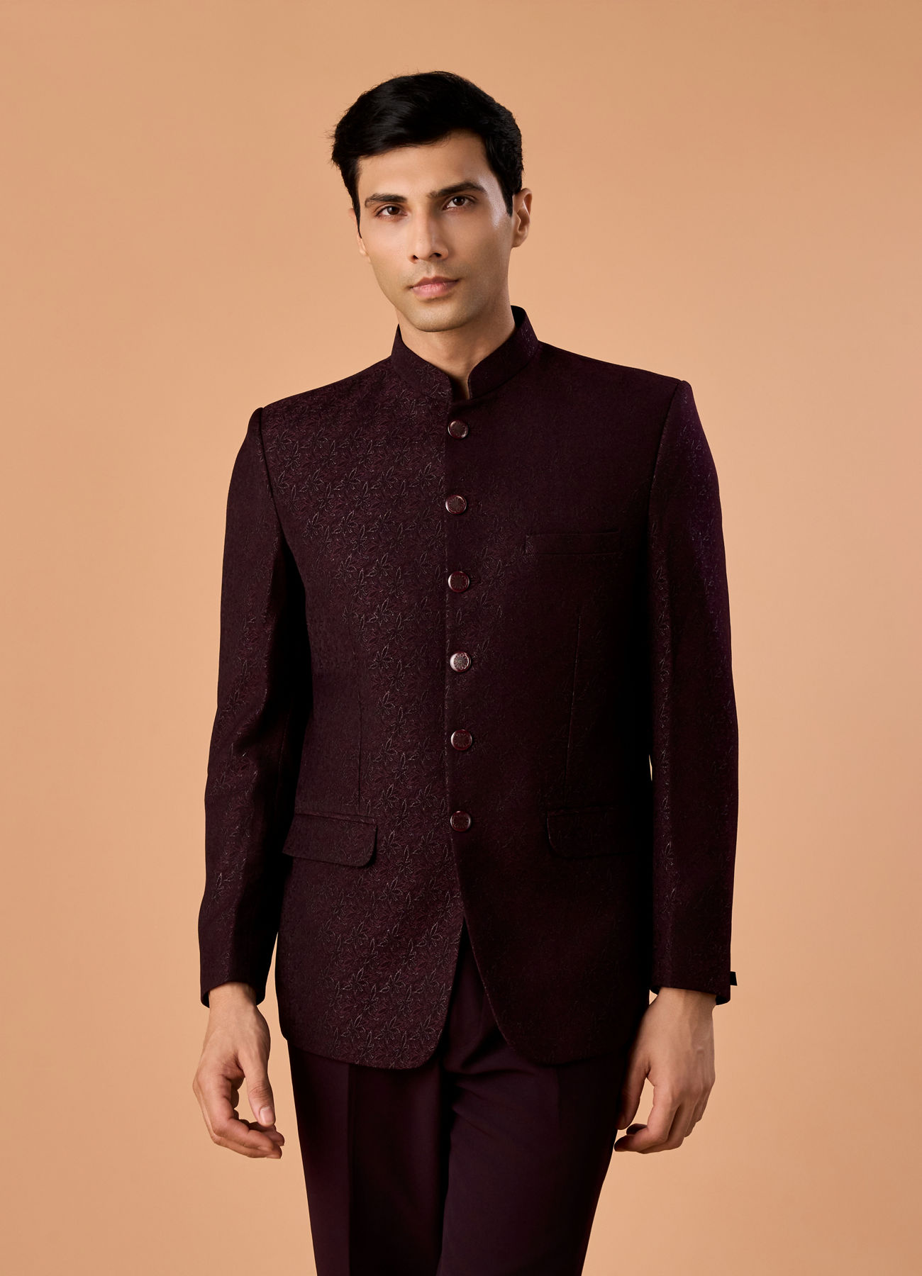 Manyavar Men Elegant Wine Jodhpuri Suit