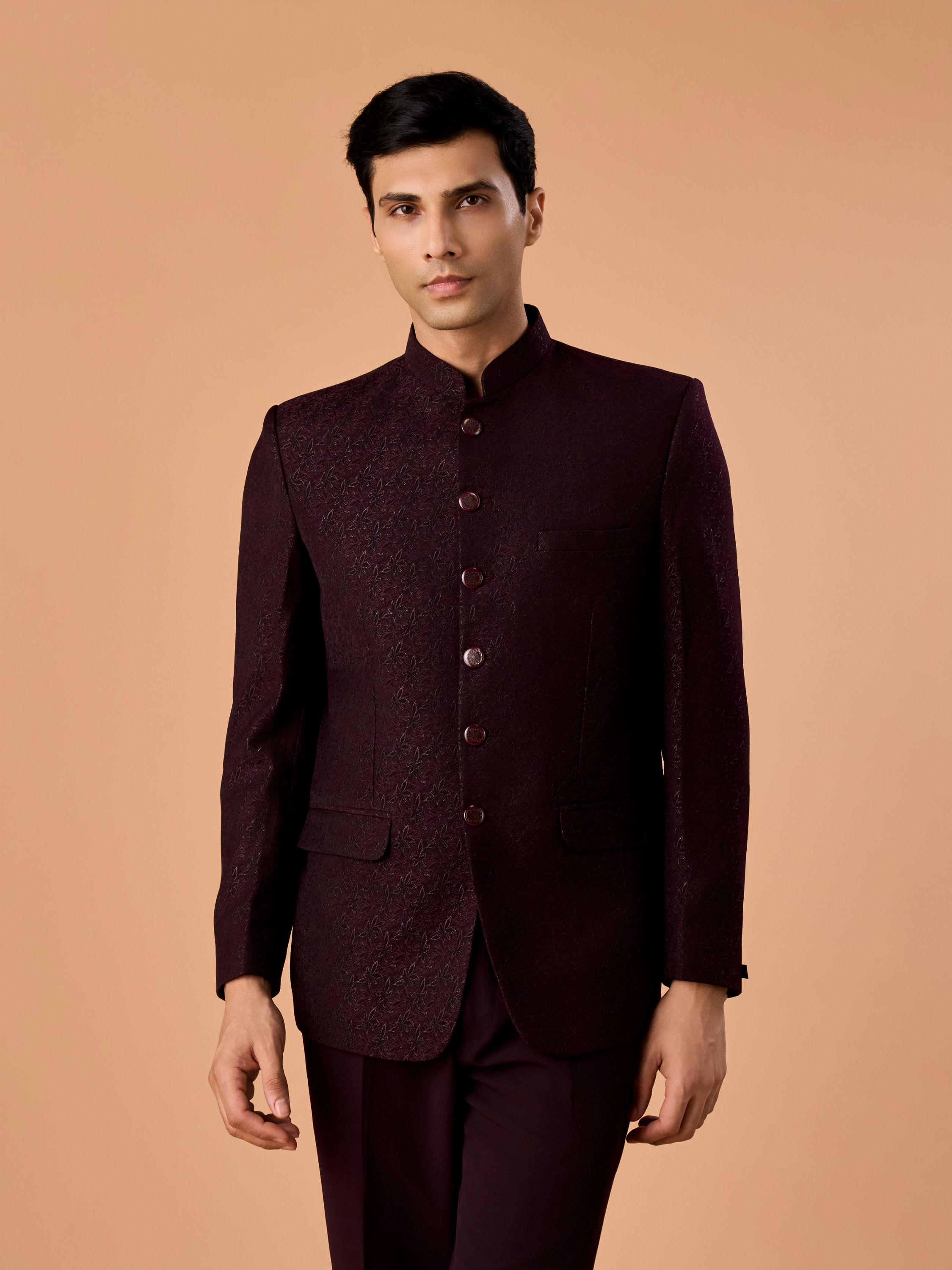 Manyavar Men Elegant Wine Jodhpuri Suit