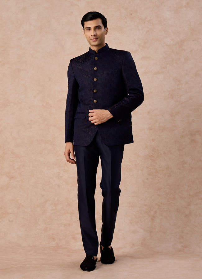 Manyavar Men Regal Blue Satin Jodhpuri Suit