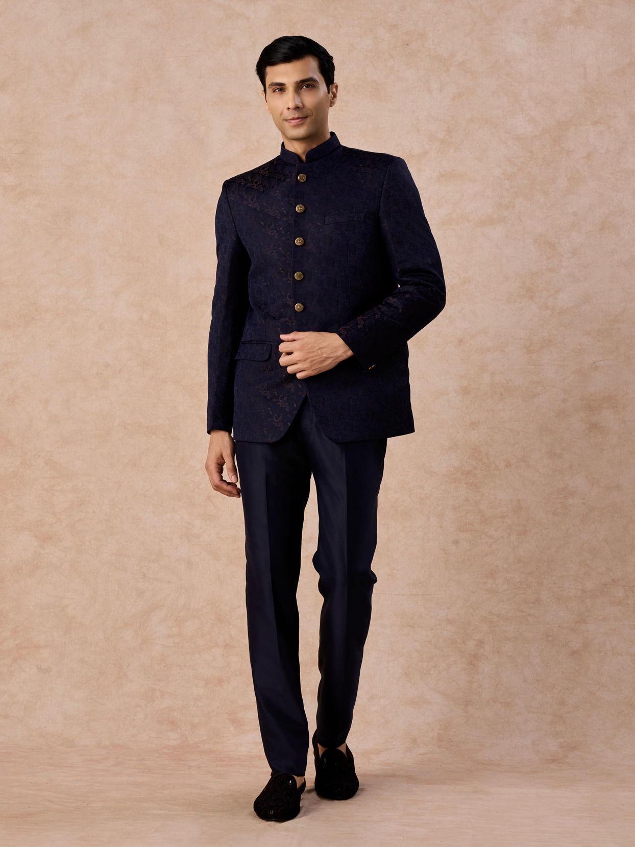 Manyavar Men Regal Blue Satin Jodhpuri Suit