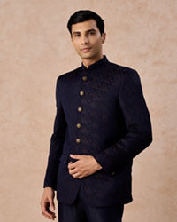 Manyavar Men Regal Blue Satin Jodhpuri Suit