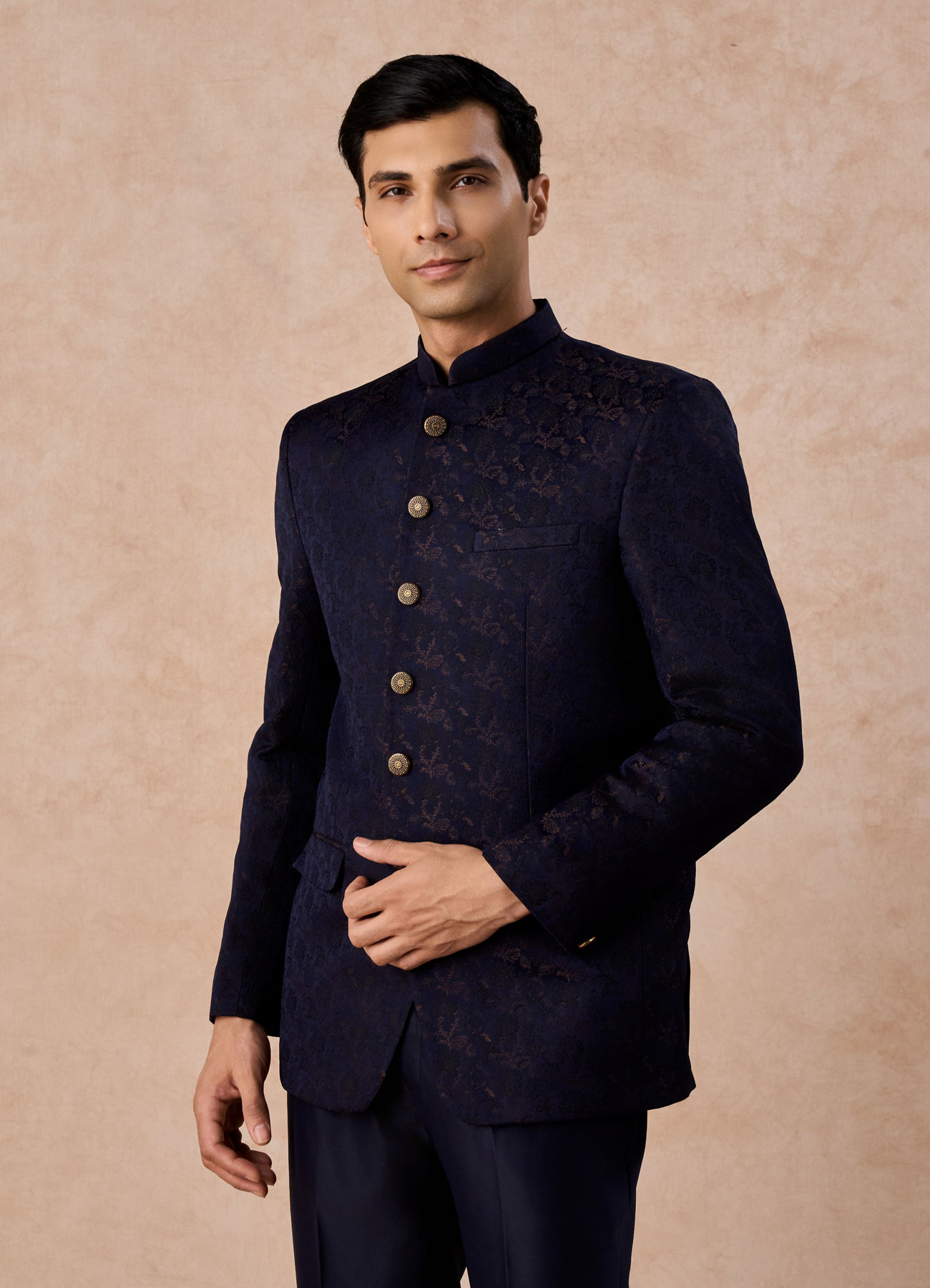 Manyavar Men Regal Blue Satin Jodhpuri Suit