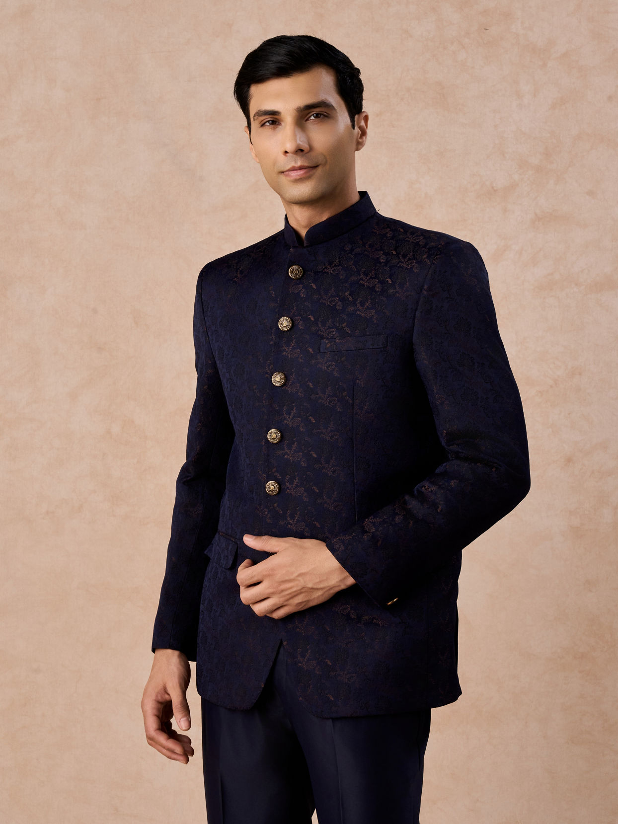 Manyavar Men Regal Blue Satin Jodhpuri Suit