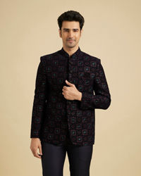 Manyavar Men Navy Blue And Wine Jodhpuri Set with Chowkadi Motifs And Patra Work