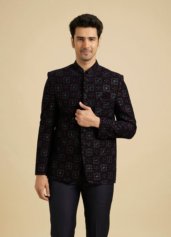 Manyavar Men Navy Blue and Wine Jodhpuri Set with Chowkadi Motifs and Patra Work image number 0