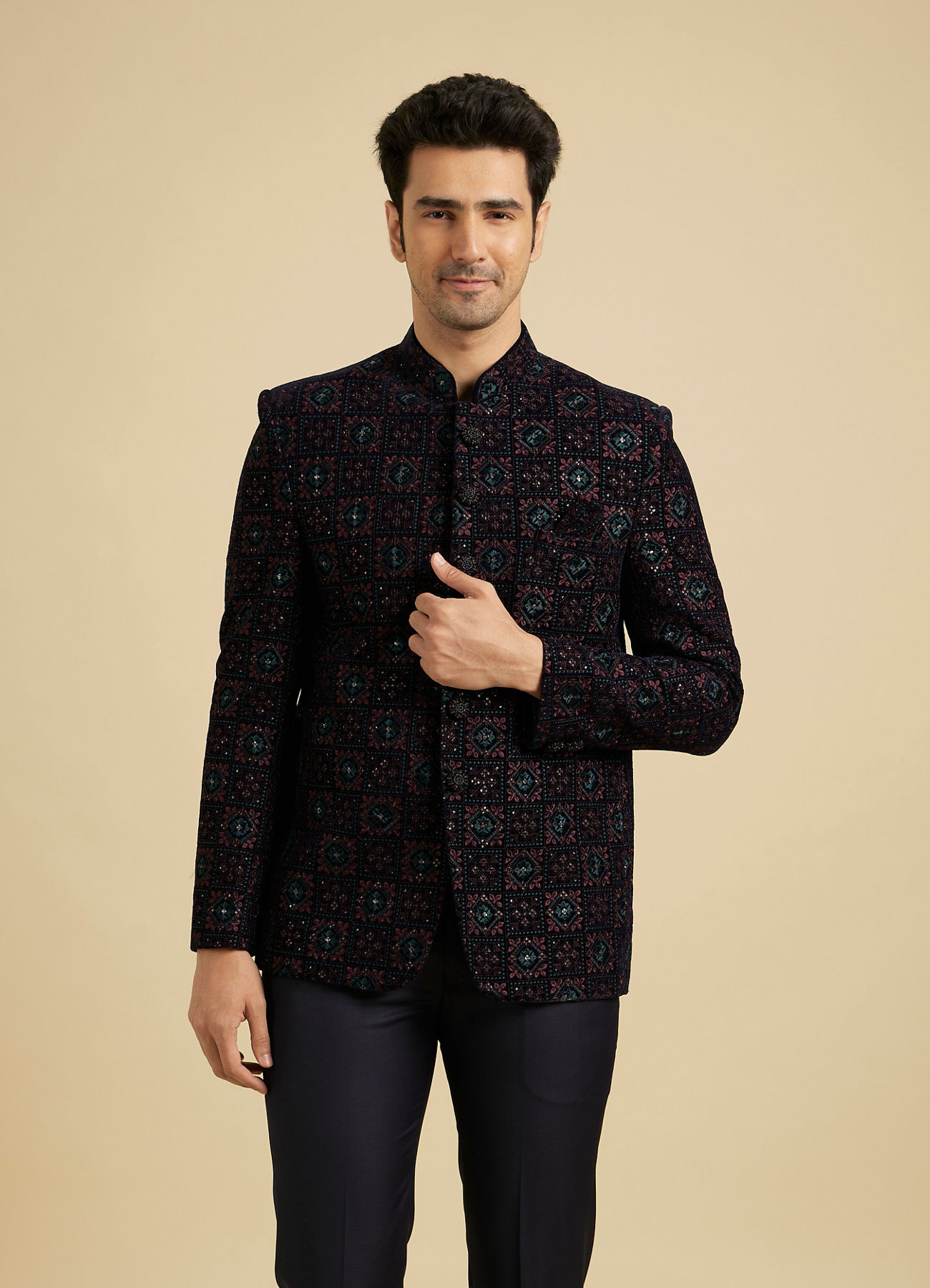 Manyavar Men Navy Blue and Wine Jodhpuri Set with Chowkadi Motifs and Patra Work