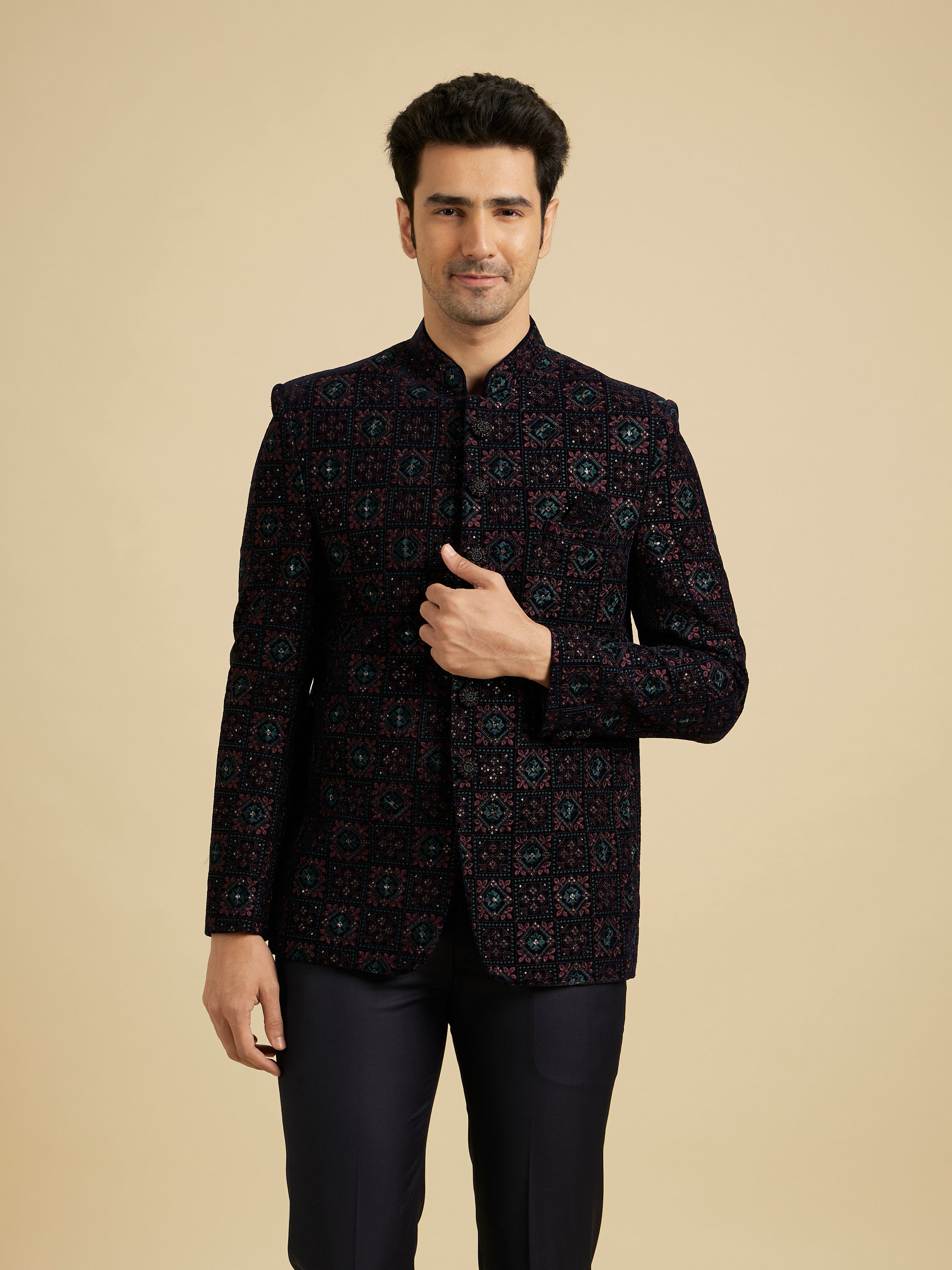 Manyavar Men Navy Blue And Wine Jodhpuri Set with Chowkadi Motifs And Patra Work