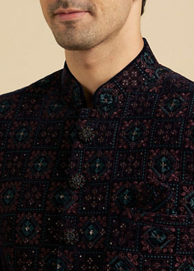 Manyavar Men Navy Blue And Wine Jodhpuri Set with Chowkadi Motifs And Patra Work