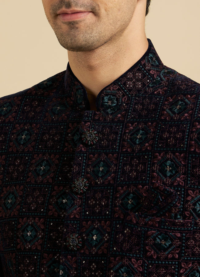 Manyavar Men Navy Blue And Wine Jodhpuri Set with Chowkadi Motifs And Patra Work