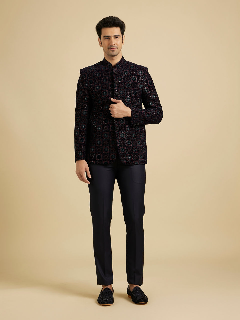 Manyavar Men Navy Blue And Wine Jodhpuri Set with Chowkadi Motifs And Patra Work