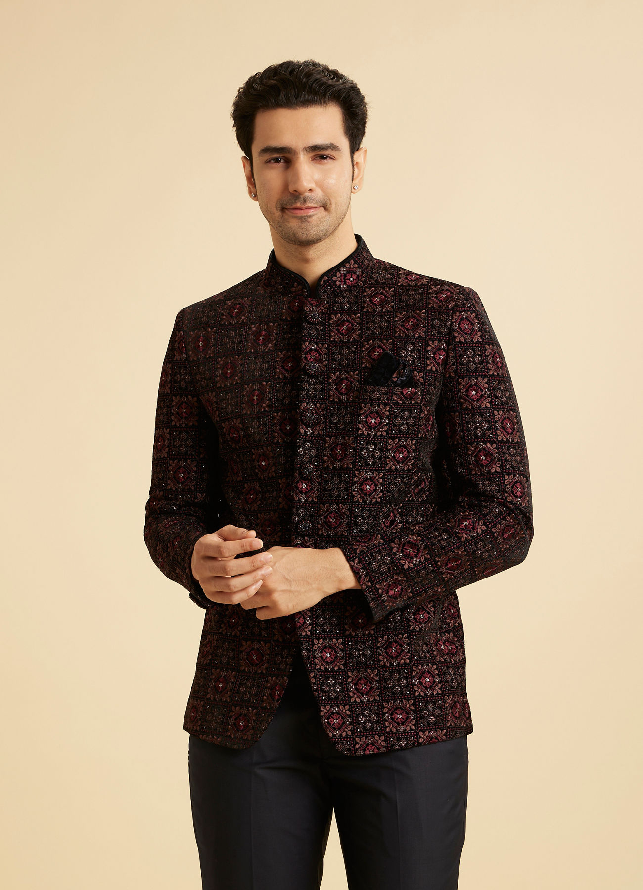 Manyavar Men Regal Blue Velvet Jodhpuri Suit